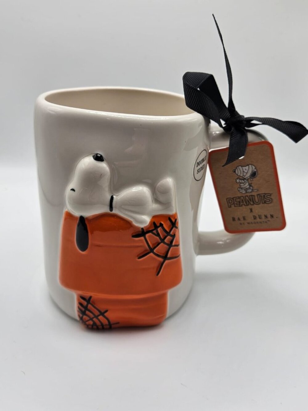NWT RARE-Rae Dunn Peanuts Snoopy 3D Halloween Mug Caught In Your Web-16oz